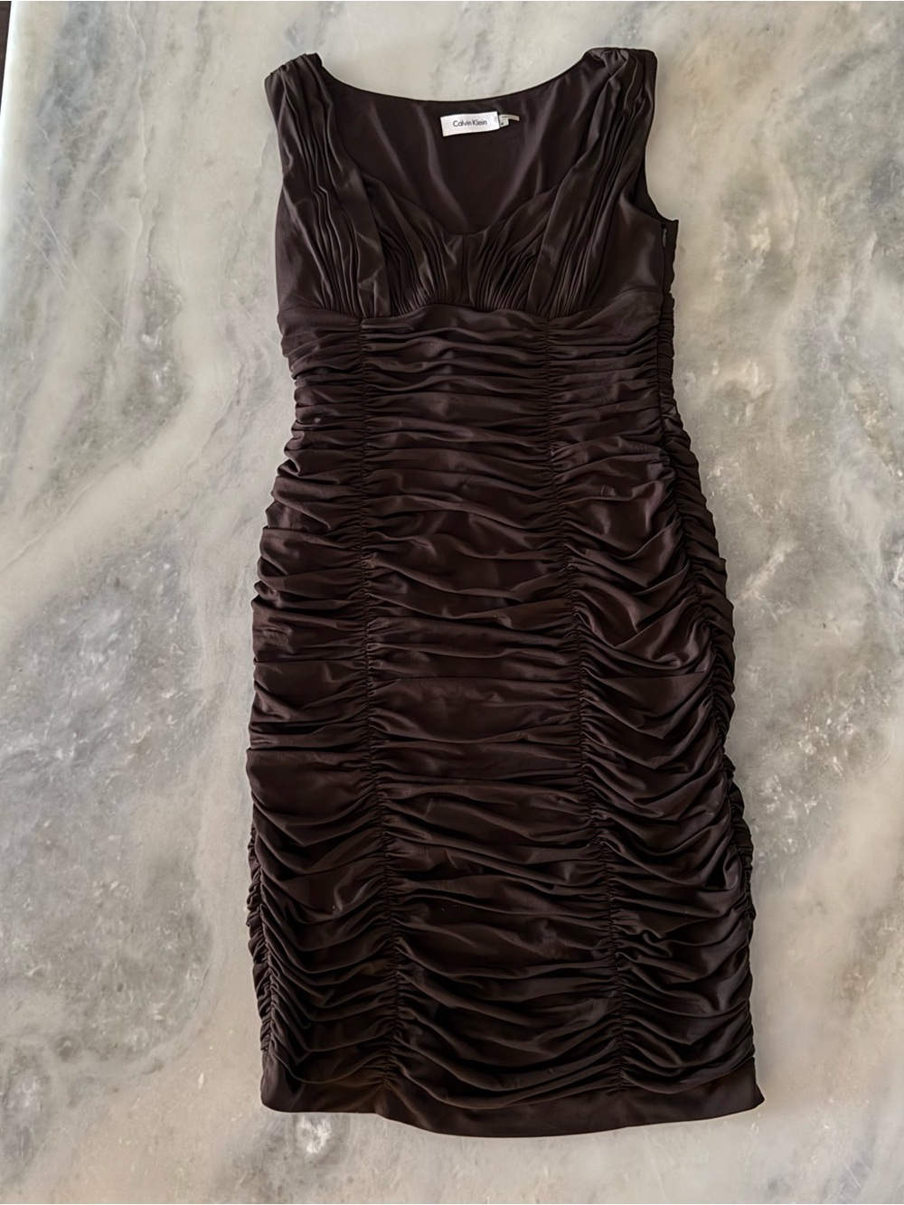 Y2K Calvin Klein Chocolate Brown Ruched Sweetheart Neckline Sleeveless Dress